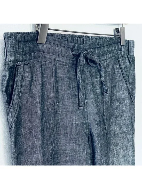 Athleta Gray Wide-Leg 100% Linen Drawstring Pants 12 Coastal Summer Vacation - Picture 4 of 14
